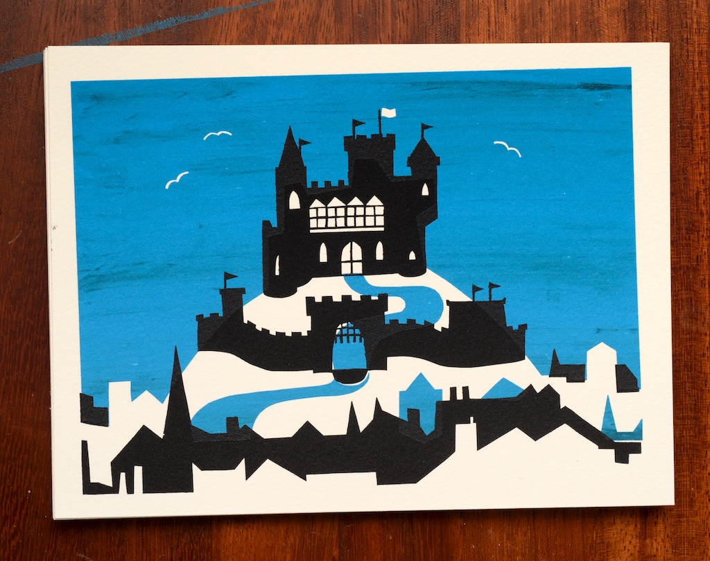 Screenprinted illustration of a castle on a hill